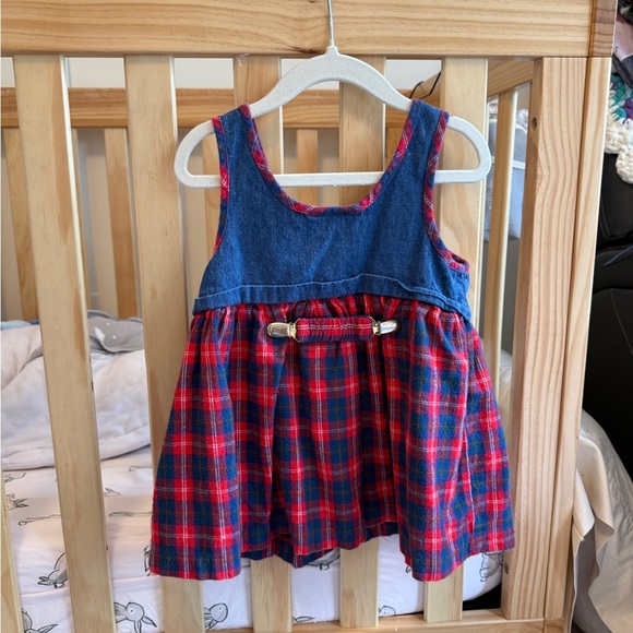 Vintage 90s Y2K Overall Skirtall Dress Plaid Flannel Scottie Dog  3T Lil Byer - Picture 2 of 3